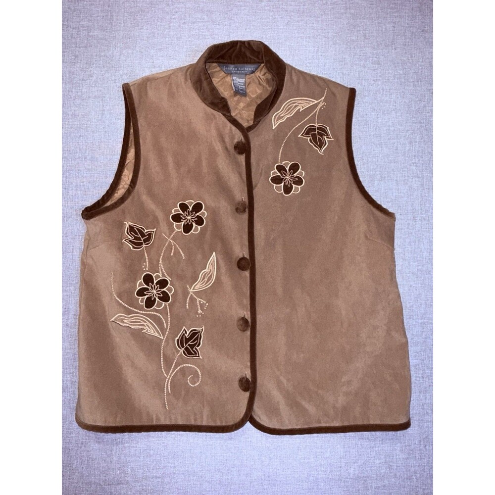 VTG Jessica Holbrook Embroidered Floral Vest Brown Velour Quilted Lined L Large